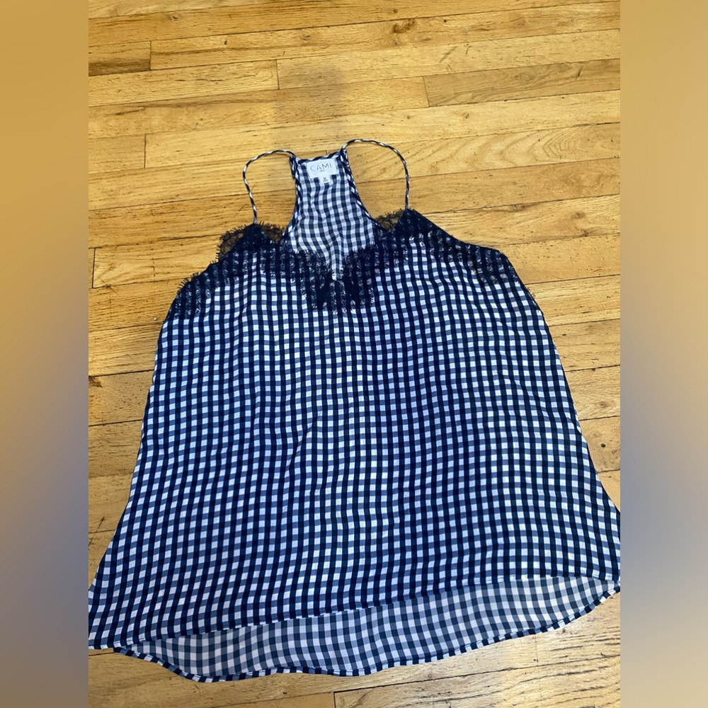Cami NYC Navy and White Gingham Lace-Trim Tank